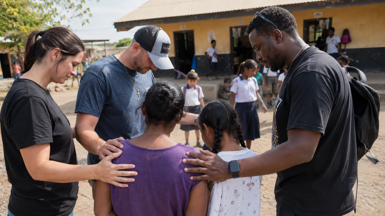 Mission trip team praying with local children during Christian missions outreach.