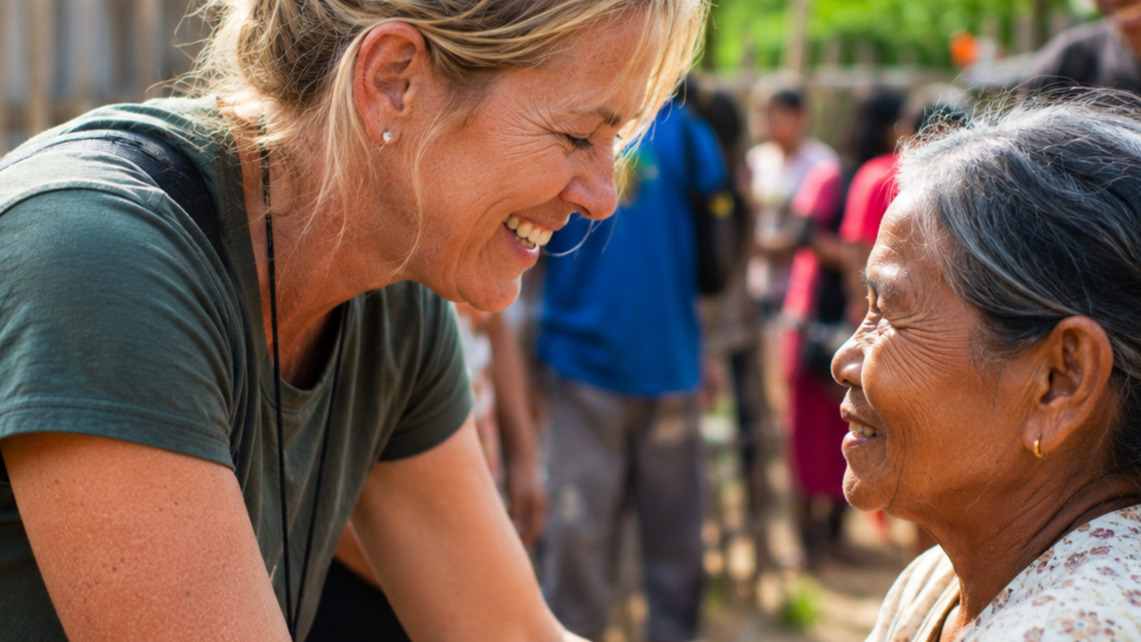 Short-term mission trip volunteer connecting with child during outreach