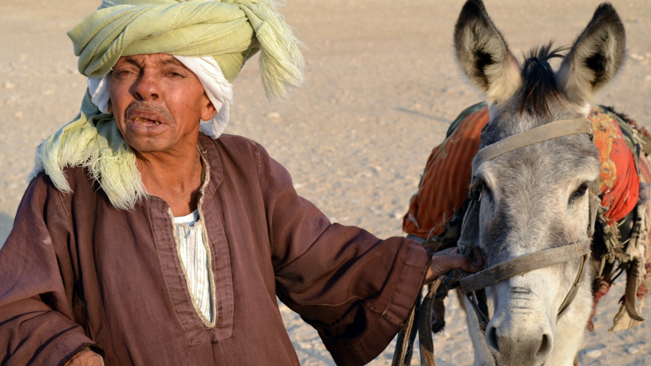 Local man standing beside a donkey during a World Missions Alliance international mission trip.